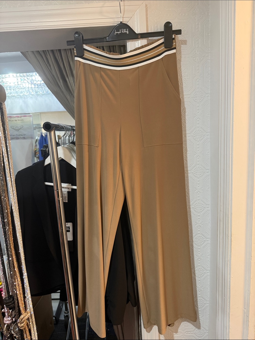 Joseph Ribkoff Wide-Leg Pull-On Pants in Camel with Striped Waistband